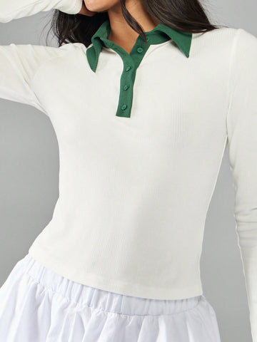 MISSGUIDED Retro Tennis Inspired Long Sleeve Polo Top