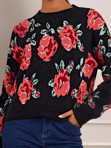 Rose-Patterned Long-Sleeved Loose Sweater