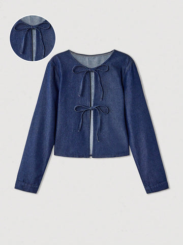 Dark Blue Denim Top Casual Knotted Denim Long-Sleeved Shirt