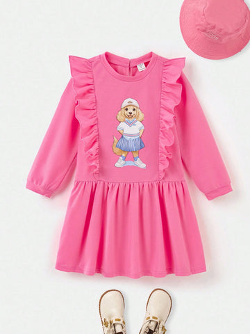 Young Girl Elegant Urban School Cute Puppy Pattern Ruffle Trim Fuchsia Crew Neck Sweatshirt Dress