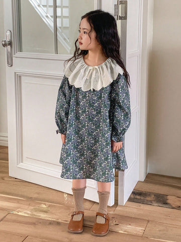 Young Girl Floral Print Bow Decor Ruffle Hem Long Sleeve Loose Dress