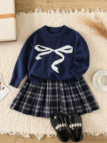 Bow Sweater and Plaid Skirt Set