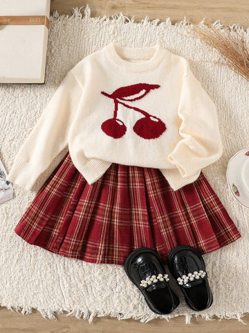 Cherry Sweater with Plaid Skirt Set