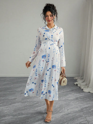 Maternity Casual Vacation Floral Print Twist Front Shirt Dress