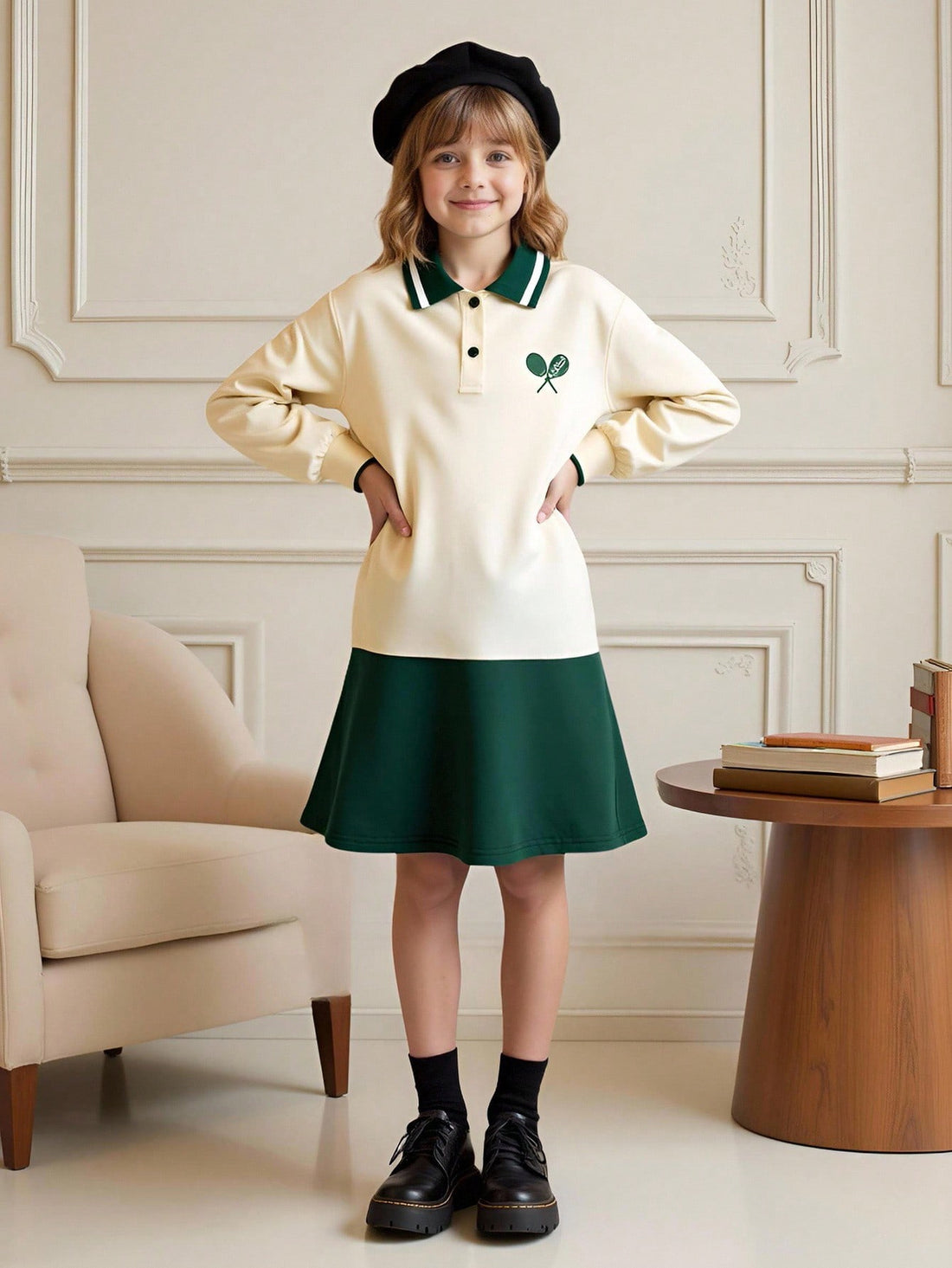 Young Girls' Elegant Collegiate Tennis Racket Pattern Decor Green Polo Collar Long Sleeve Dress