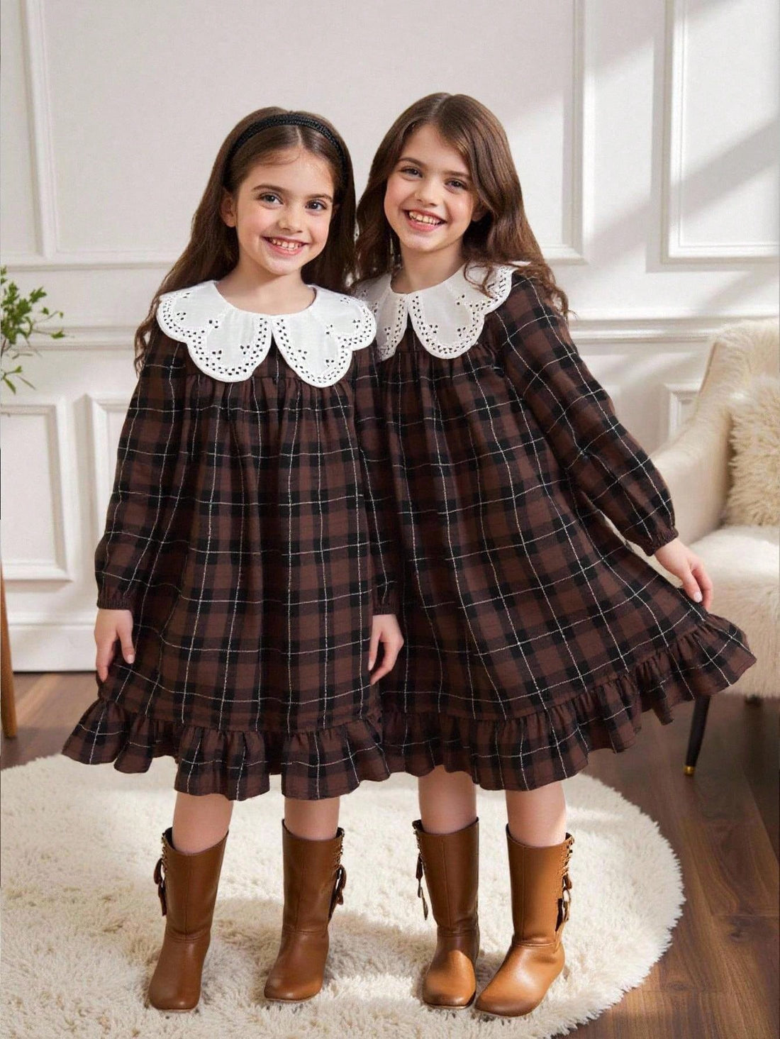 Kids Plaid Dress with Ruffle Collar