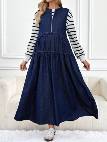 Maternity Solid Color Round Neck Sleeveless Pleated Long Denim Dress