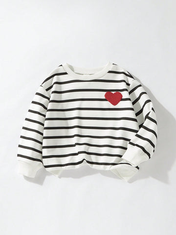 Kids Young Girl Striped Heart Pattern Crew Neck