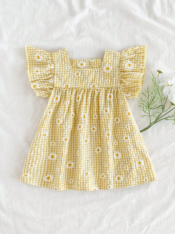 Kids Babygirls Summer Yellow Plaid Daisy Pattern Cap Sleeve Mini Dress