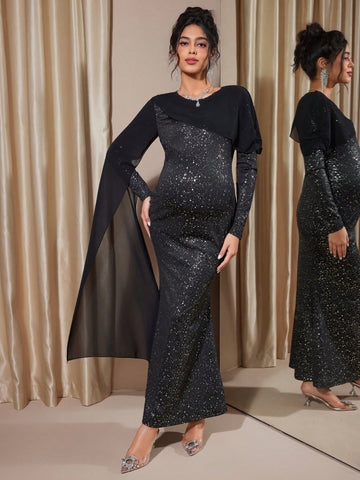 Maternity Long Sleeve Black Sequin gown