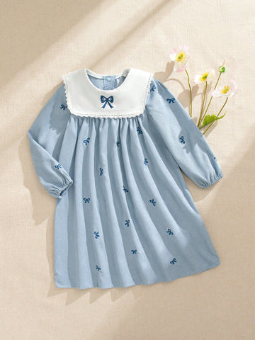 Navy Collar Bow Embroidered Collar Ruffle Dress