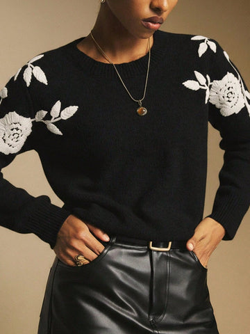 Black Crew Neck Sweater with white floral Details