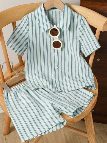 Kids 2pcs Young BoyWoven Textured Striped Shirt And Shorts Set
