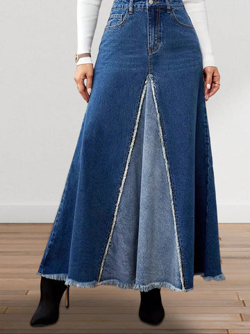 Denim Maxi Skirt Colorblock