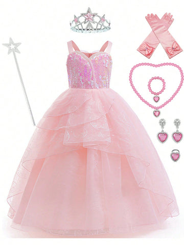 Pink Sparkly Princess Dress With Star Wand, Crown, And Heart Necklace