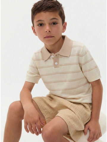 Boys' Striped Polo Collar Patchwork Short Sleeve Thin Knit Sweater